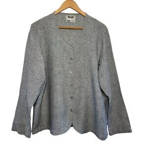 Flax 100% Linen Size Large Gray Tweed, Button Front, Collarless Tunic Blouse